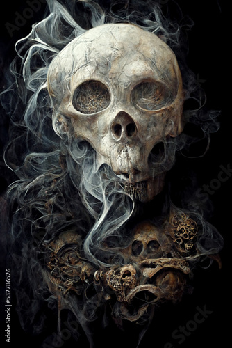 3d illustration of a scary figure, a skull emerging from smoke. 