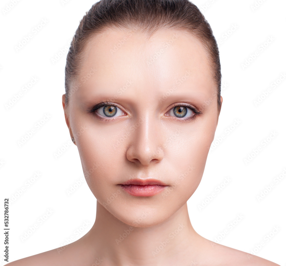 Young woman with bald eyebrows. Stock Photo Adobe Stock