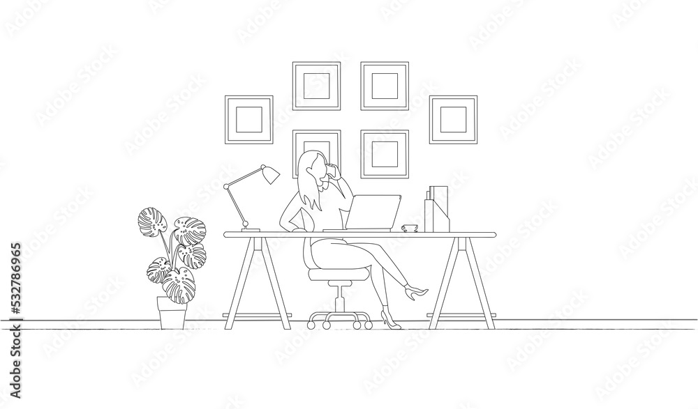 ine art of Woman working with phone workplace scene with laptop at her desk at home.