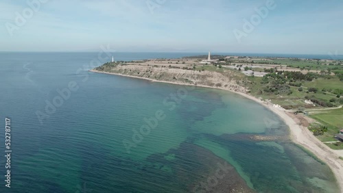 Seddulbahir village aerial shot, seaside and lighthouse, Canakkale Eceabat Turkey photo