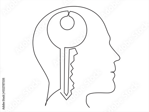 The head of a man with a key is drawn by a single black line on a white background. Continuous line drawing. Vector illustration.