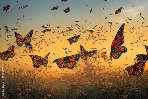swarm of monarch butterflies, Danaus plexippus group during sunset photo