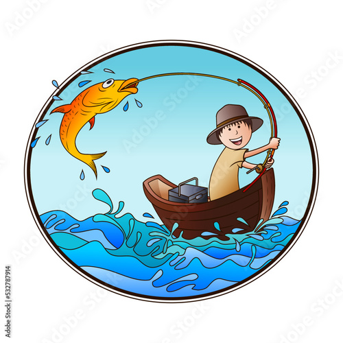 Gone fishing and catching a big fish in vector illustration cartoon style
