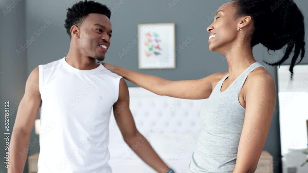 Fitness, time and couple after home training, workout and exercise together living a wellness and healthy lifestyle. Black woman, happy and young African runners checking stop watch after running Fitness, time and couple after home training, workout and exercise together living a wellness and healthy lifestyle. Black woman, happy and young African runners checking stop watch after running