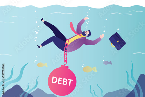 Businessman with load on chain goes to bottom of ocean. Entrepreneur drowned in large amount of debts