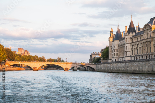 Pont au Change bridge over river Seine in Paris, France, connecting the Ile de la Cite from the Palais de Justice and the Conciergerie, to the Right Bank, at the Place du Chatelet. photo