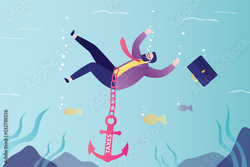 Entrepreneur drowning in large amount of tax debts. Anchor on chain pulls businessman to bottom of sea