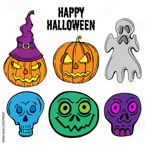 Vector set of Halloween character heads that includes a pumpkin, a ghost, a zombie, a skeleton