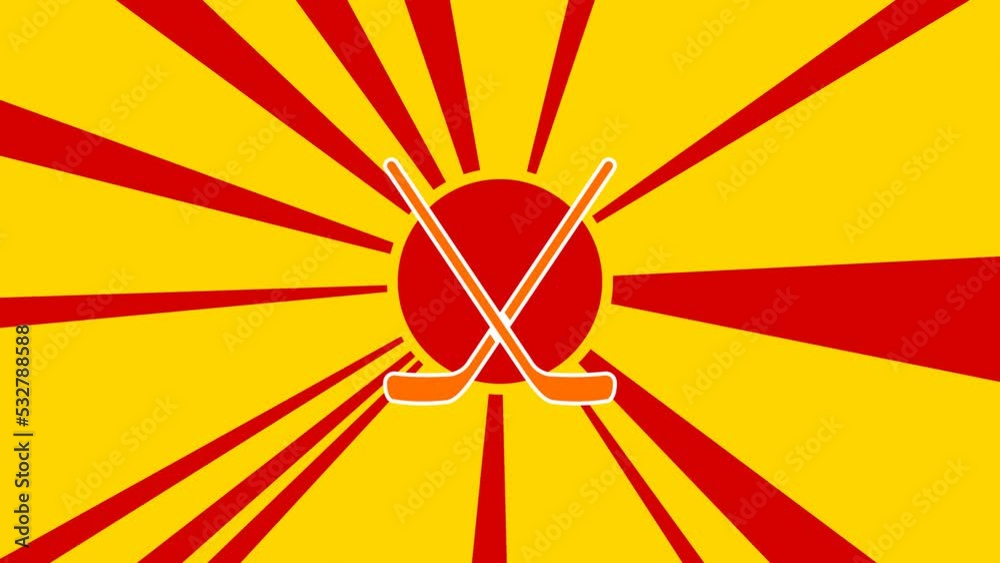 Hockey symbol on the background of animation from moving rays of the sun. Large orange symbol increases slightly. Seamless looped 4k animation on yellow background Hockey symbol on the background of animation from moving rays of the sun. Large orange symbol increases slightly. Seamless looped 4k animation on yellow background