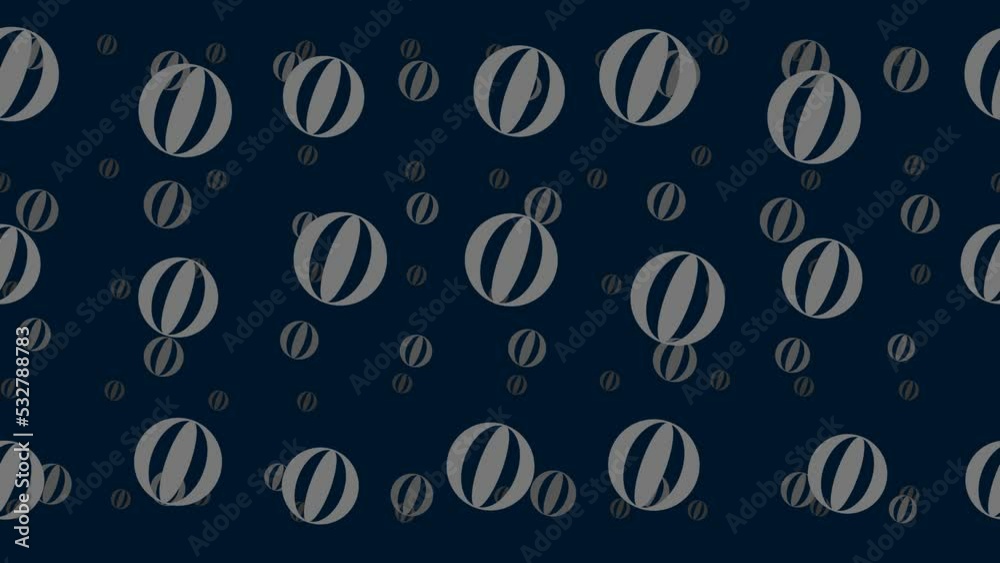Beach ball symbols float horizontally from left to right. Parallax fly effect. Floating symbols are located randomly. Seamless looped 4k animation on dark blue background