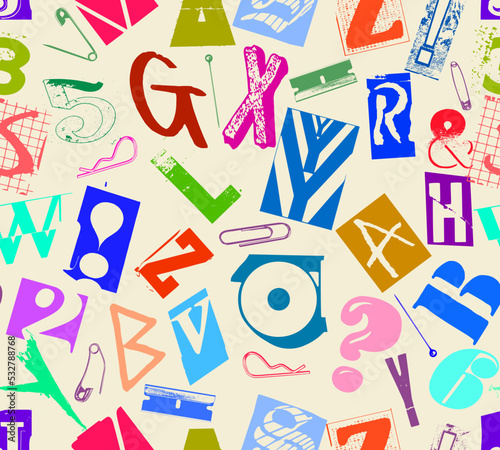Colorful seamless vector pattern alphabet letters clippings in typographic composition with pins and clips in the style of grunge, punk and ransom color design.