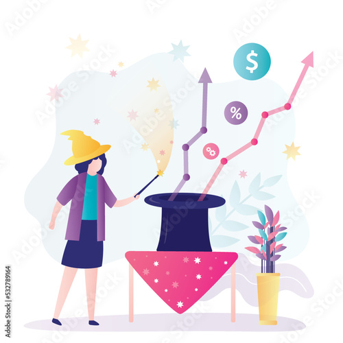 Businesswoman used magic to increase profits. Girl with help of magic wand and top hat raised salary