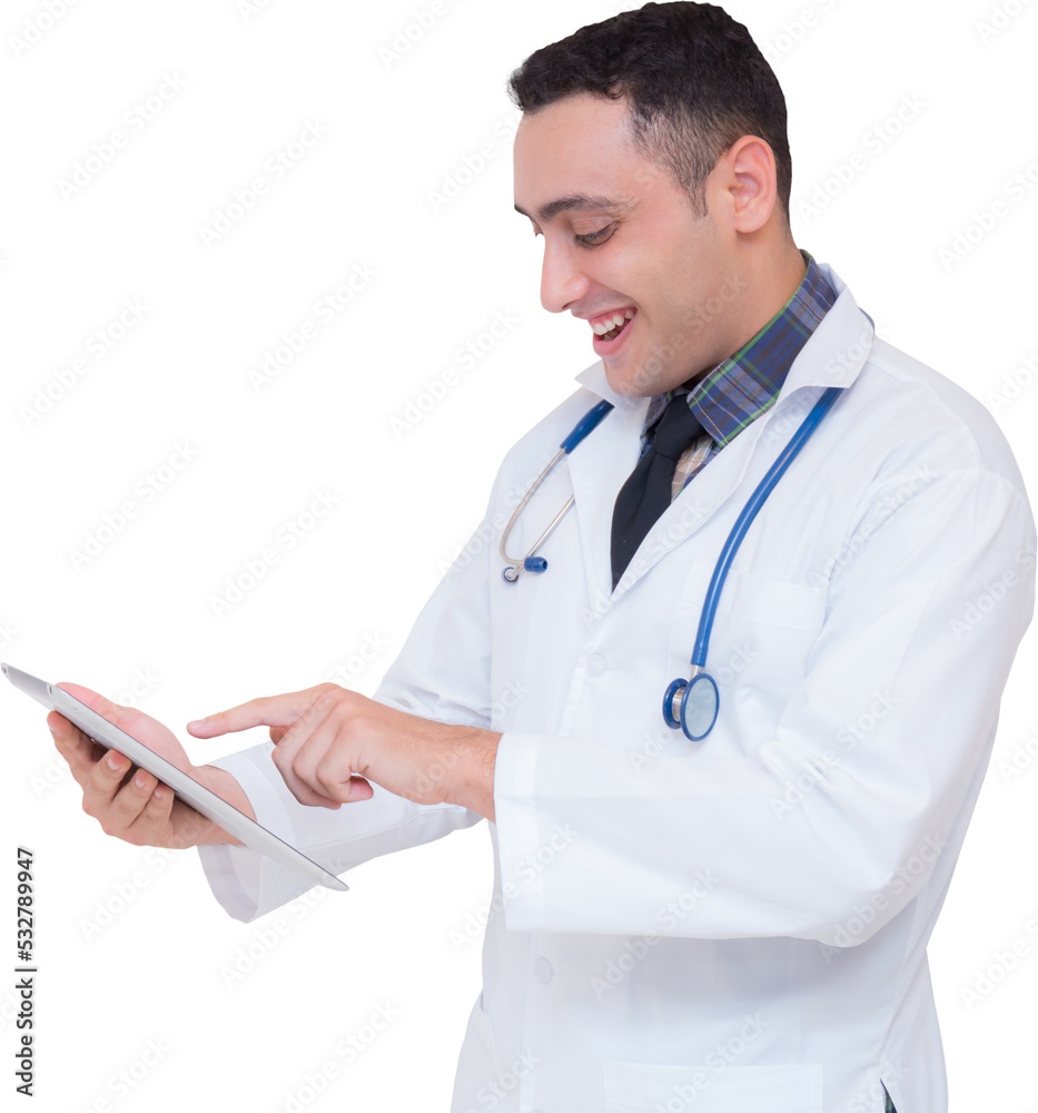 Portrait doctor man holding tablet computer isolated png transparent file. Portrait doctor man holding tablet computer isolated png transparent file.