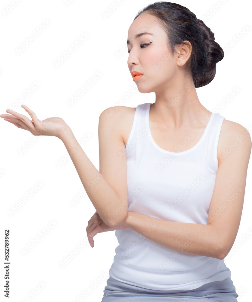 Beauty young asian woman gesturing showing for advertisement isolated png transparent file. Beauty young asian woman gesturing showing for advertisement isolated png transparent file.