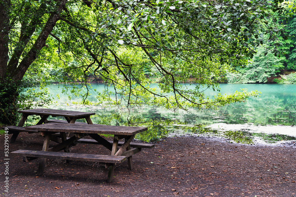 wooden sitting bench by a lake surrounded by forest in Yedigoller National Park Turkey