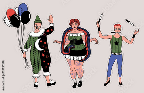 Circus. Vintage icons collection. The Clown, The Snake Lady,The Knife Thrower. Vector illustration.