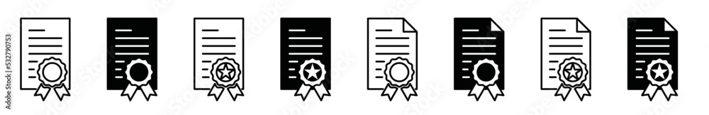 Competition winner certificate with certified and Favorite champion medal symbol icon vector set. Competition winner certificate with certified and Favorite champion medal symbol icon vector set.