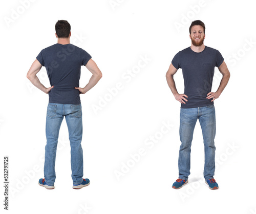 front and back of same man hands akimbo  isolated on white background