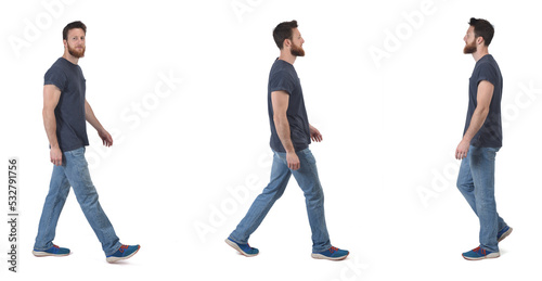 group of same man walking on white background