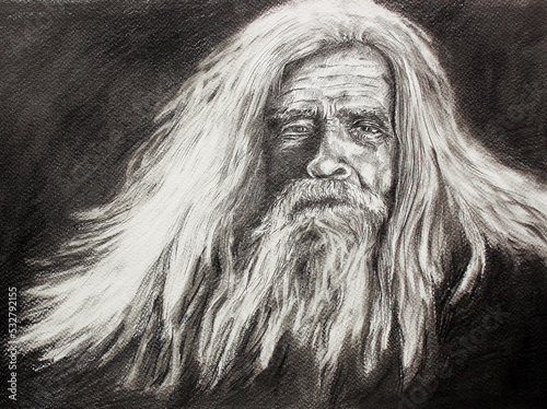 Friendly smiling bearded grandfather, a wizard from fairy tales. An old man with a beard blowing in the wind. A modern sketch made with a liner.