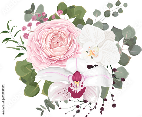 A delicate vector bouquet. White and royal orchids, pink roses, eucalyptus, berries, green plants and leaves. Floral arrangement for wedding design on white background 