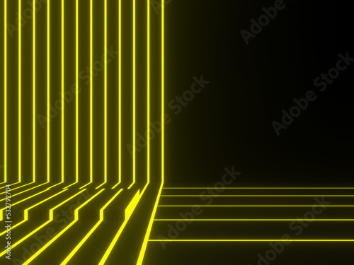Black geometric stage with yellow neon lights.