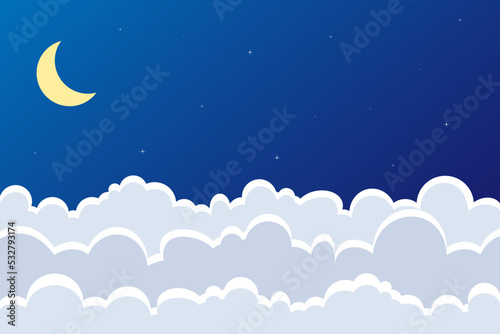 vector landscape of clouds and night sky with crescent moon for background 