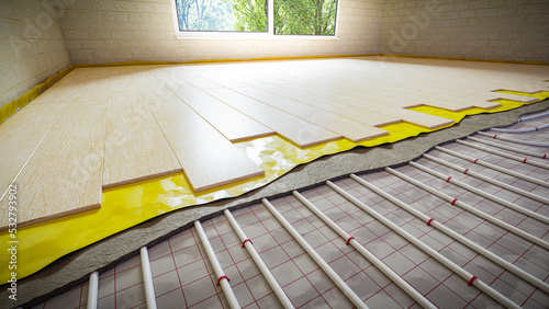 Underfloor heating - distribution of pipes on the surface - assembly of the installation with individual layers of the floor 