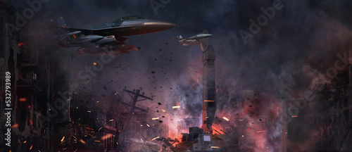 Obraz na płótnie air crafts flying above destroyed city war battlefield actions