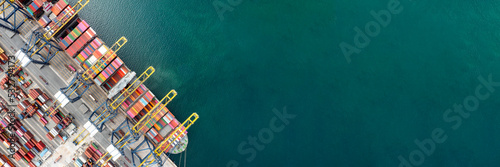 Canvas Print Top view of International Container ship loading and unloading at sea port, Freight Transportation, Shipping, Nautical Vessel