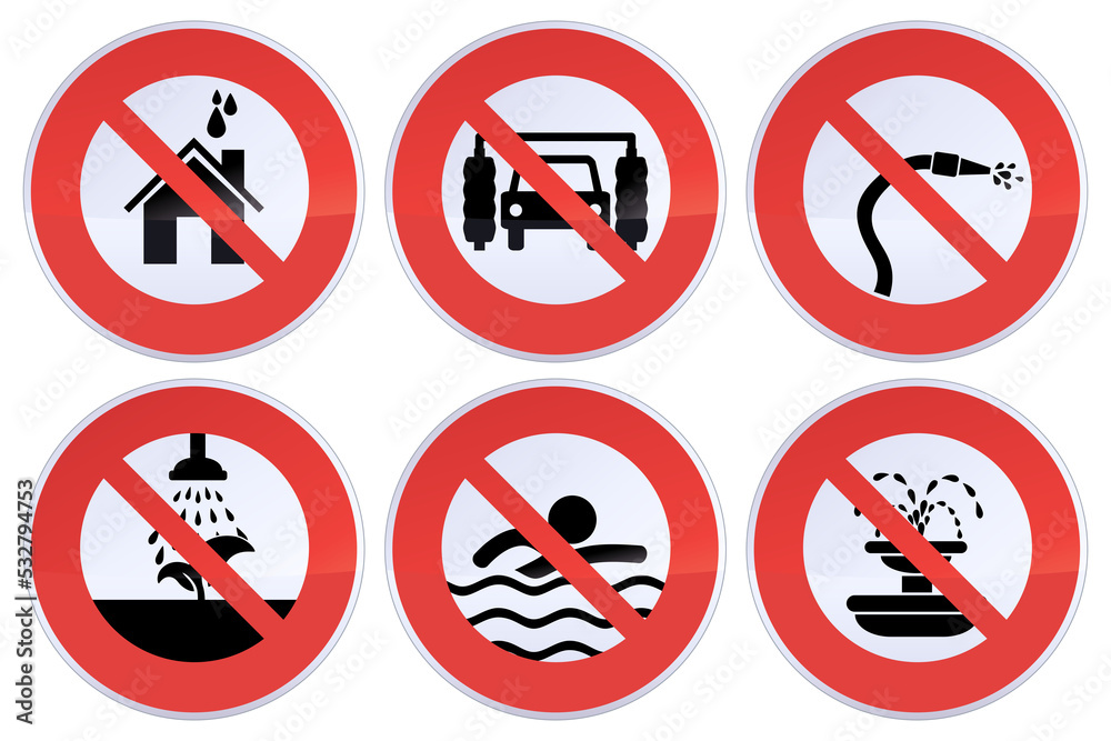Collection of circular red, black and white signs of restrictions due to drought and lack of water such as the prohibition of washing cars and houses, irrigation, watering of green spaces Collection of circular red, black and white signs of restrictions due to drought and lack of water such as the prohibition of washing cars and houses, irrigation, watering of green spaces