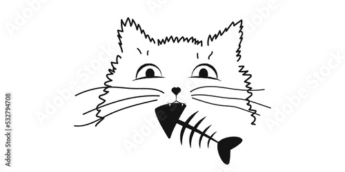 Funny fluffy cat with a fish skeleton in his teeth. Vector illustration.