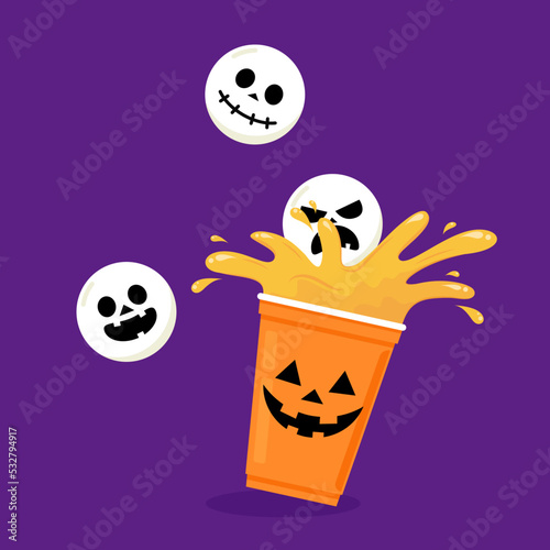 Halloween face on plastic cup. Party cup isolated. background, vector illustration. Halloween beer cup vector. Beer pong. Halloween face on plastic cup.