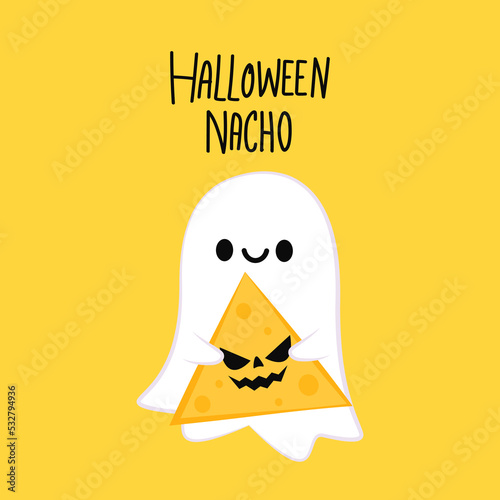 Halloween pumpkin faces on Nacho. Nacho vector. Nachos on yellow background. Cute ghost cartoon vector. Ghost character