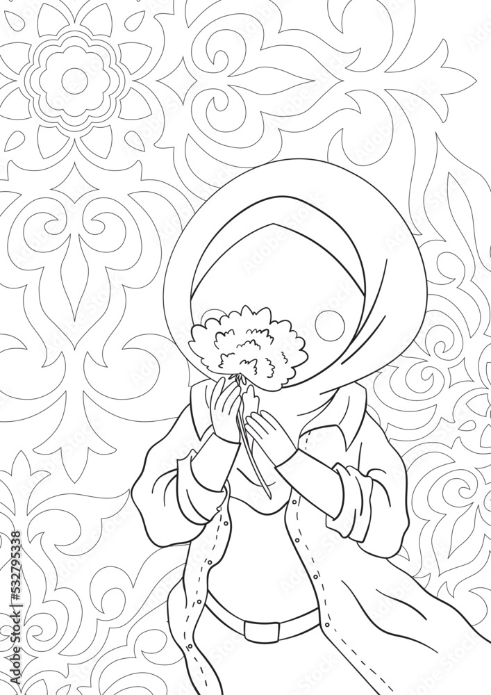 A cute girl in a hijab smells a flower, a coloring book with an ornamental background. A cute girl in a hijab smells a flower, a coloring book with an ornamental background.