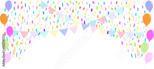 Holiday congratulation banner design Balloons, confetti and garland Party holiday background. Copy space Vector illustration Isolated on white background
