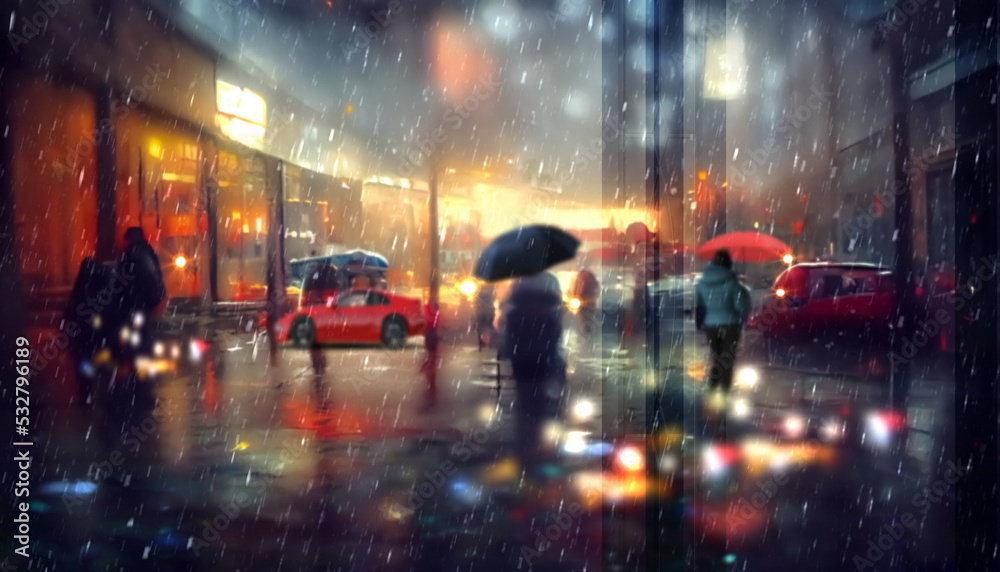 night city rainy weather blurred light people walk with umbrellas car traffic and building windows reflection Autumn in town ,urban life style scene