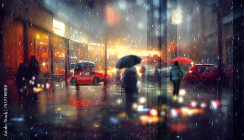 night city rainy weather blurred light people walk with umbrellas car traffic and building windows reflection Autumn in town ,urban life style scene