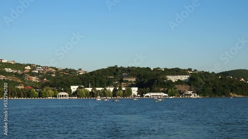 beautiful view from the hill to the mountain lake, the village of Abrau and the Abrau-Dyurso winery