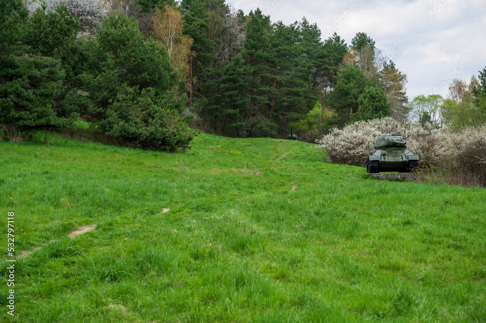 Green meadows, spring forests and Russian tank. Green meadows, spring forests and Russian tank.