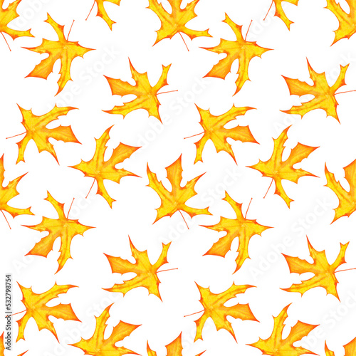 Autumn fall seamless pattern of  decorative yellow maple leaves. Watercolor hand painted isolated illustration on white background.
