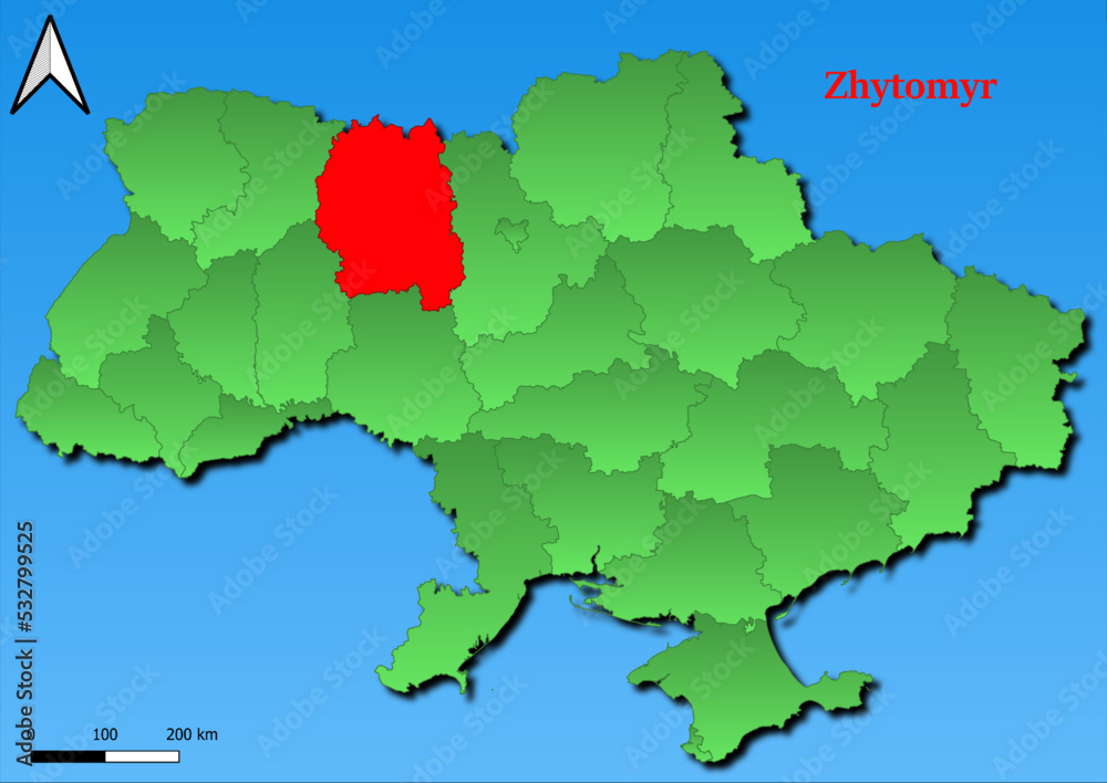 Fototapeta premium Vector Map of Ukraine with map of Zhytomyr county highlighted in red