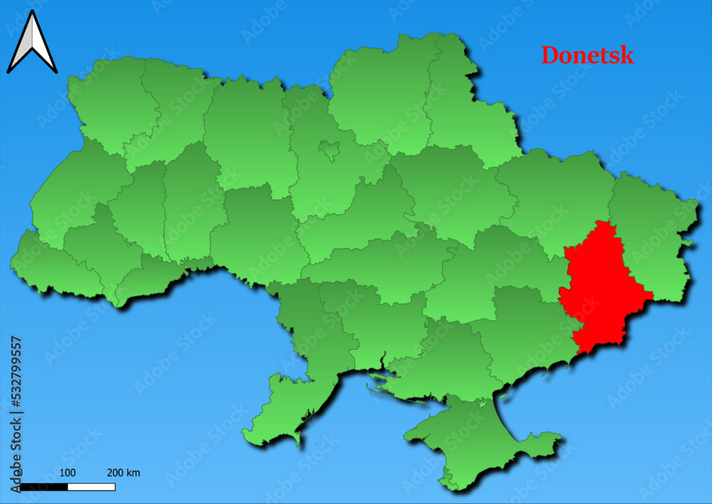Vector Map of Ukraine with map of Donetsk  county highlighted in red