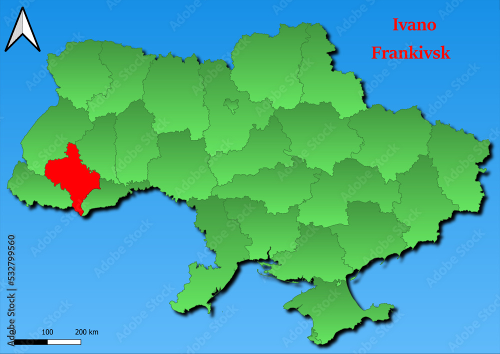 Fototapeta premium Vector Map of Ukraine with map of Ivano Frankivsk county highlighted in red