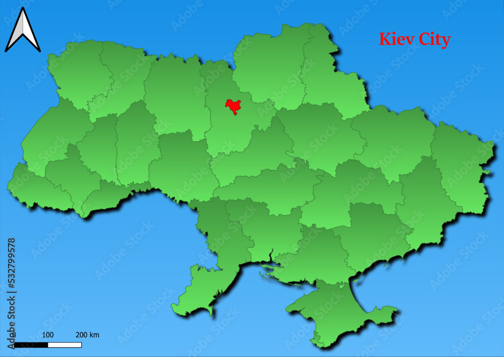 Vector Map of Ukraine with map of  Kiev City highlighted in red