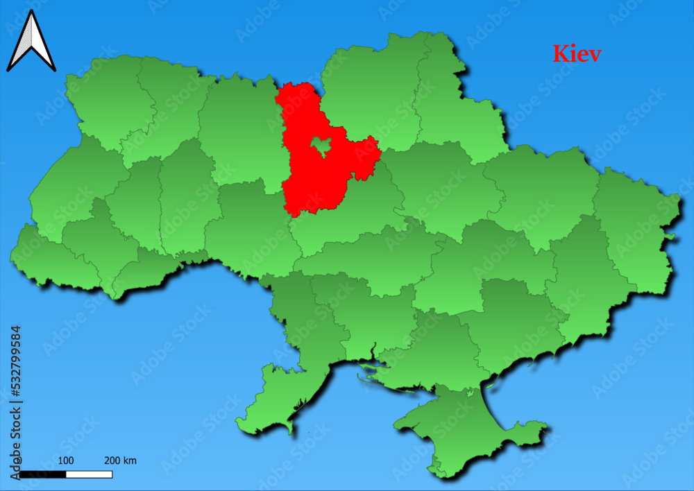 Vector Map of Ukraine with map of Kiev county highlighted in red