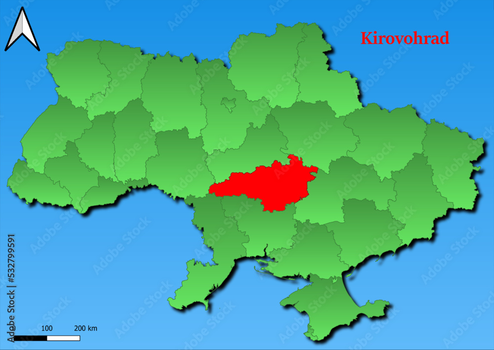 Vector Map of Ukraine with map of Kirovohrad  county highlighted in red