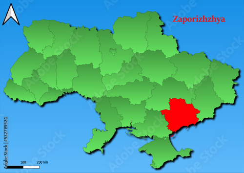 Vector Map of Ukraine with map of Zaporizhzhya county highlighted in red