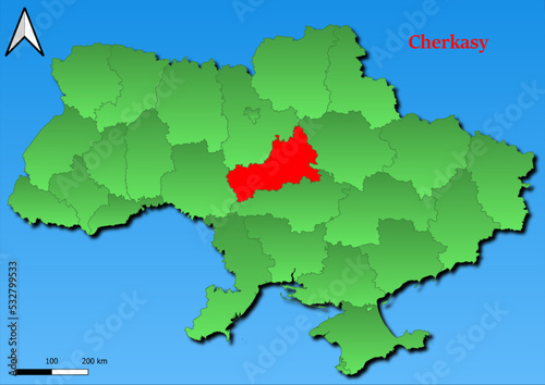 Vector Map of Ukraine with map of Cherkasy county highlighted in red
