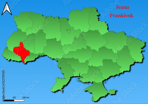 Vector Map of Ukraine with map of Ivano Frankivsk county highlighted in red photo